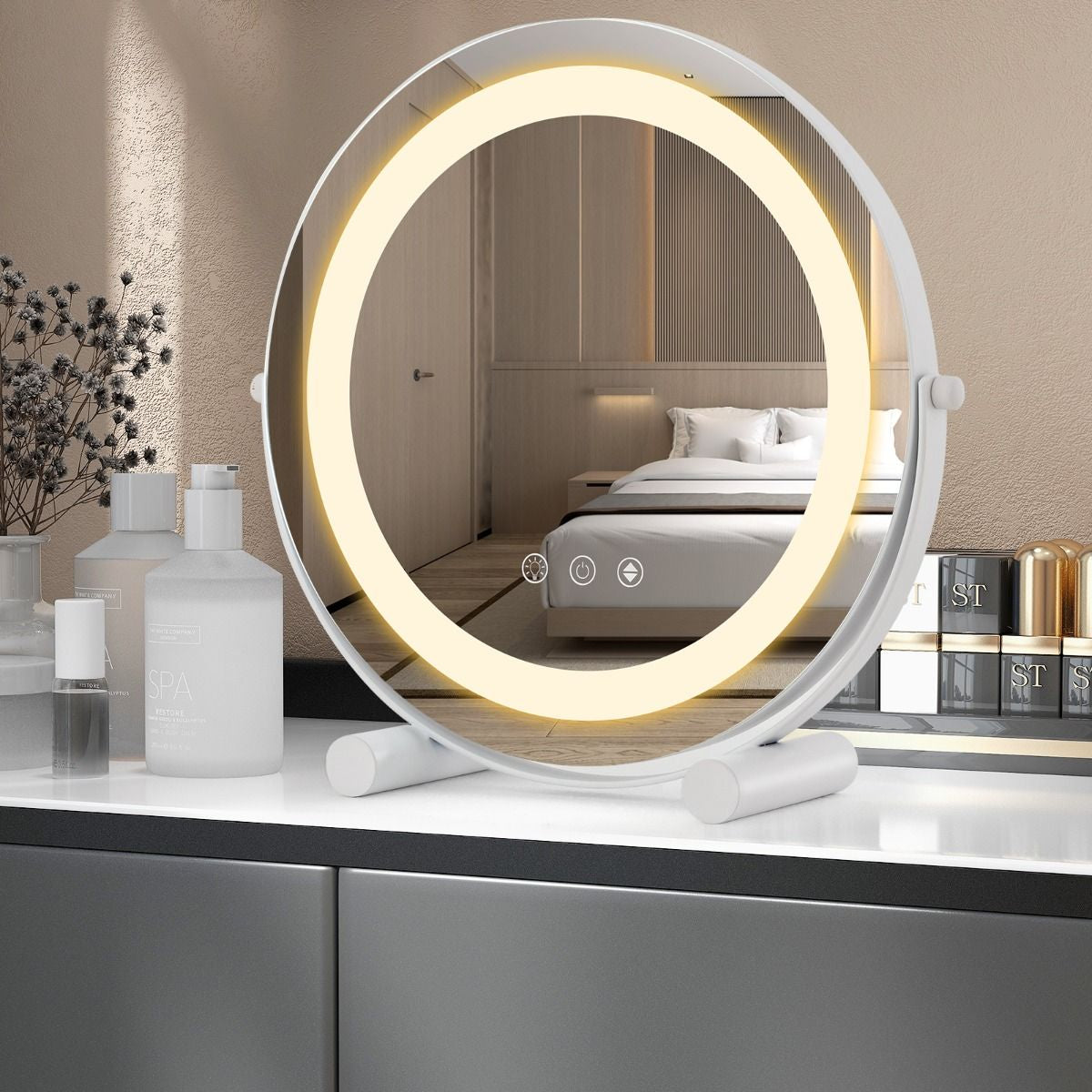 Specchio Da Toeletta Con Luci Luminosità Regolabile Controllo Tattile Intelligente, Specchio Rotondo Da 30Cm Bianco